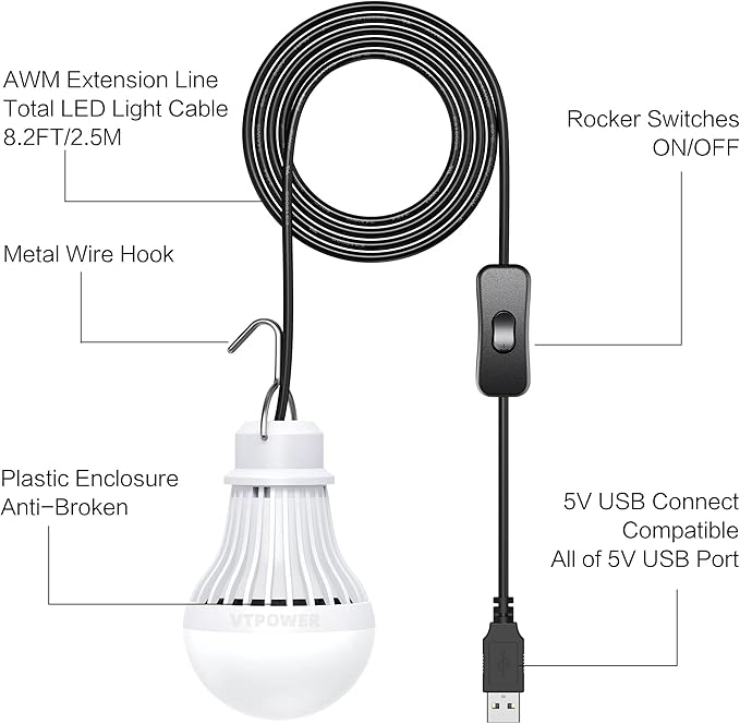 4 Pack Portable LED Bulb, 5W USB LED Camping Light for Garage Warehouse Car Truck Fishing Boat Outdoor Emergency Light Children Bed Room, 2.5m/8.2ft Extension Cord…