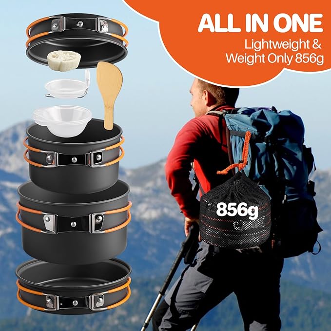 FUNYKICH Camping Pots and Pans Set, Non-Stick Camping Cooking Set, Lightweight Camping Cookware with Storage Bag for Camping, Backpacking, Outdoor Cooking & Picnic