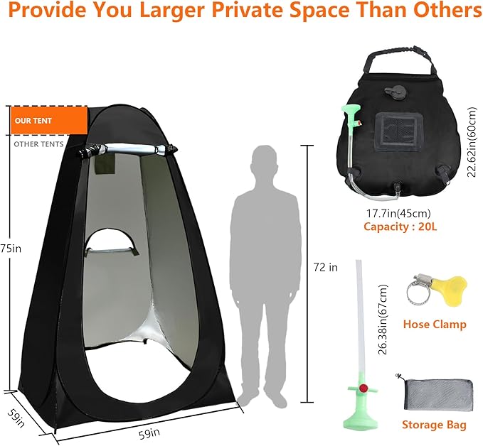 Camping Shower Tent,Pop Up Privacy Tent with Solar Shower Bag,Waterproof Pop Up Shower Tent for Portable Outdoor Toilet Shower Changing Room Sun Shelter Camping (Black/Camouflag/Green)