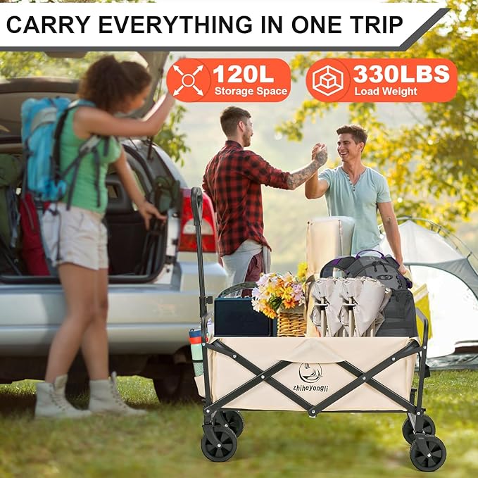 Folding Wagon Cart, Portable Large Capacity Beach，Heavy Duty Utility Collapsible with All-Terrain Wheels，Cart Foldable Wagon for Camping,Shopping,Beach, Garden(Beige)