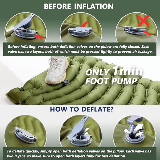 Sleeping Pad for Camping - Ultralight Camping Mattress with Pillow, Built-in Foot Pump, Compact Inflatable Portable Mat for Backpacking, Hiking, Car Traveling, Beach, Tent