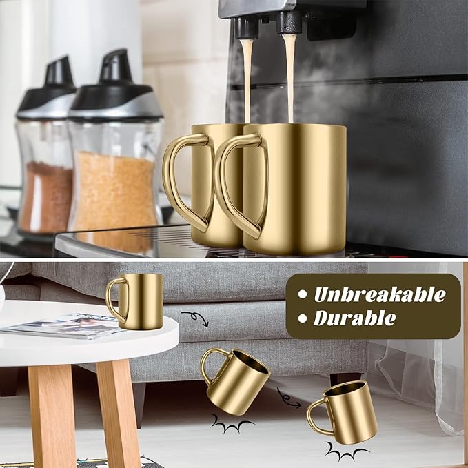 Cunhill 4 Set 7.5oz/220ml Stainless Steel Coffee Mug with Handle Metal Double Walled Cups Camping Mug Dishwasher Safe Tea Cups for Home Travel Camping Outdoors Rv Keep Drinks Hot (Gold)