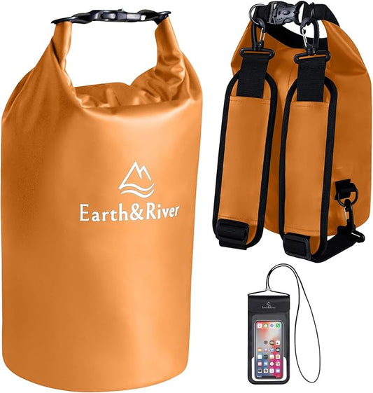 EARTH&RIVER Premium Waterproof Dry Bag Backpack, Extra Thick, Protection for All Water Activities & Camping, Floating Lightweight Dry Bag & IPX8 Waterproof Phone Case (Orange, 5L)