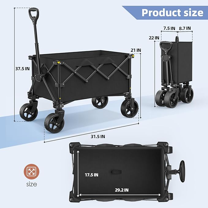 Folding Wagon Cart, 120L Collapsible Wagon with All-Terrain Wheels, Foldable Utility Wagon for Grocery Shopping Fishing Garden Sports Heavy Duty Beach Camping Cart