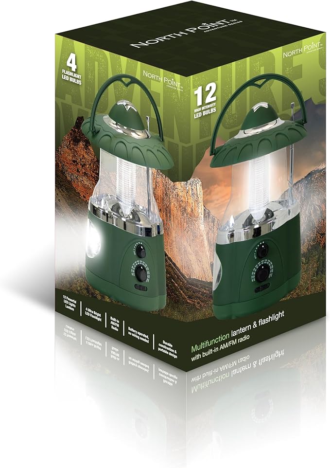 Multifunctional Radio Lantern and Emergency Flashlight, Battery Operated, 12 Bright Lantern LED's and 4 Bright Flashlight LED's, Hurricane Lantern by Northpoint