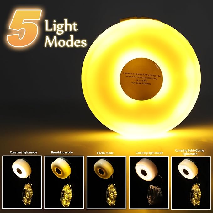 Camping String Lights, 2 in 1 Outdoor Rechargeable LED Lights with 5 Lighting Modes(26.3ft), Portable IPX4 Waterproof Tent Light for Outdoor Indoor Camping Party RV Decor (Warm Light)