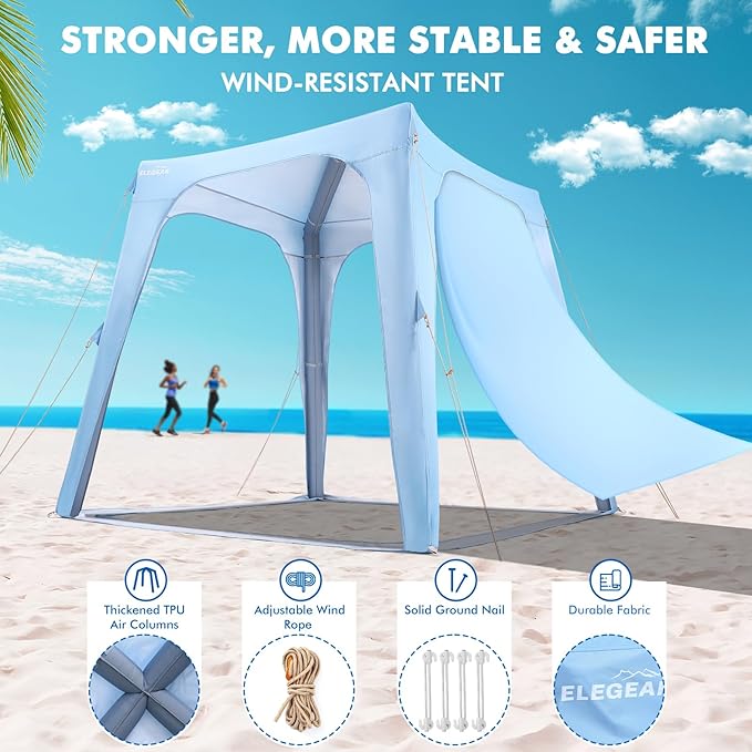 Elegear Inflatable Beach Canopy Tent, 7'x7' Beach Cabana, 30s Setup UPF 50+ UV Protection Portable Blow Up Tent Sun Shade Shelter with Side Curtain, for Camping Fishing Backyard Picnics - 6-8 Person