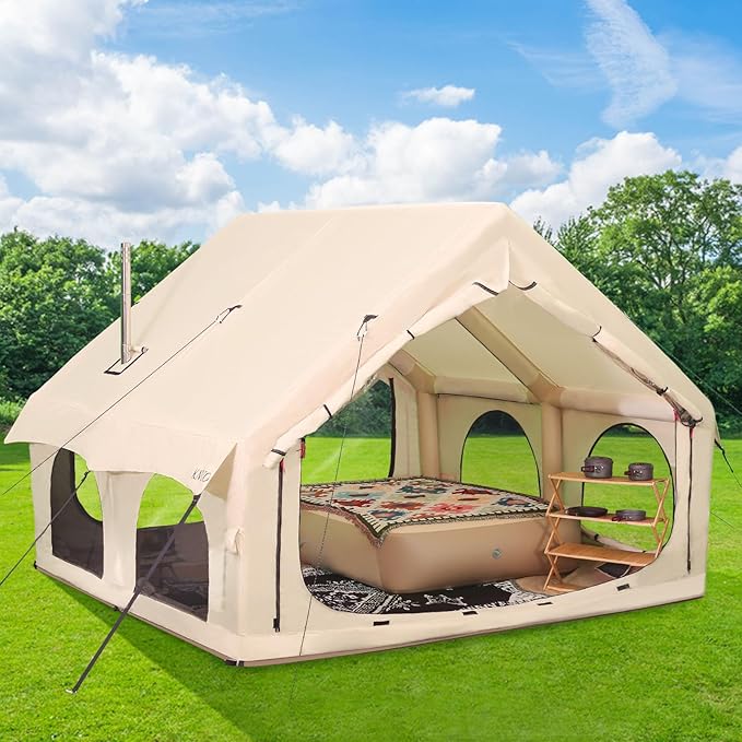 2025 Upgraded 100% Waterproof Inflatable Camping Tent, Large Blow-Up Air Tent, No Assembly Needed Luxury Glamping House, Oxford Fabric