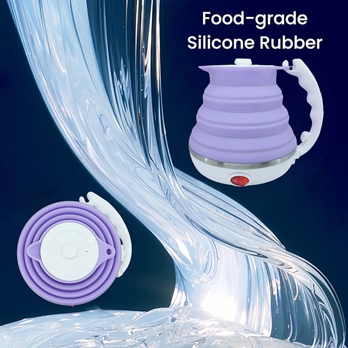 Collapsible Travel Kettle, Portable Electric Kettle, Travel Tea Kettle, Portable Water Boiler, Food Grade Silicone, Auto Shut off and Keep Warm, 110V 555ml (Purple)