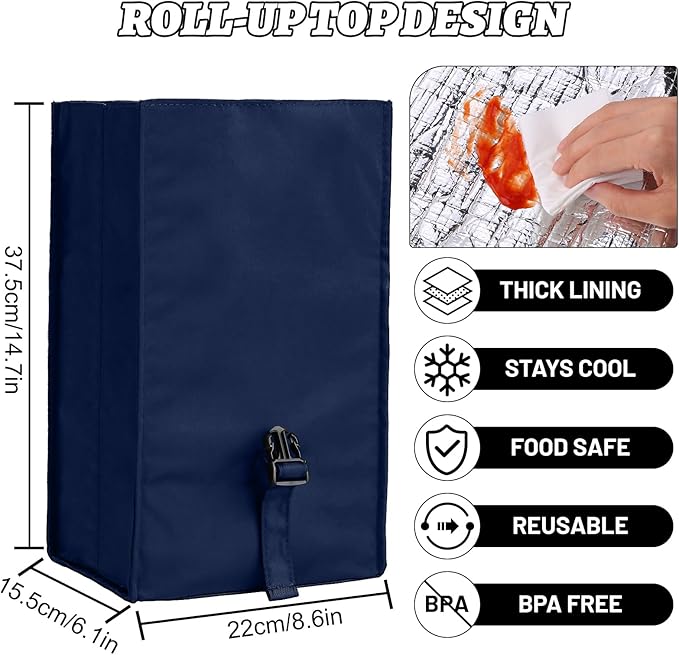 Insulated Foldable Lunch Bag- Lightweight Portable with Adjustable Shoulder Strap Lunch Box for Men, Women, Office, Work, Picnic, Hiking and Beach (Navy Blue(Soft Fabric))