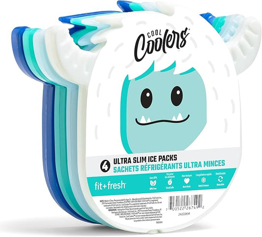 Cool Coolers by Fit & Fresh Kids Lunch Box Ice Packs, Slim Shaped Ice Packs for Lunch Bags and Coolers, Reusable Lunch Ice Packs, Multicolored, Yeti Shape, 4PK