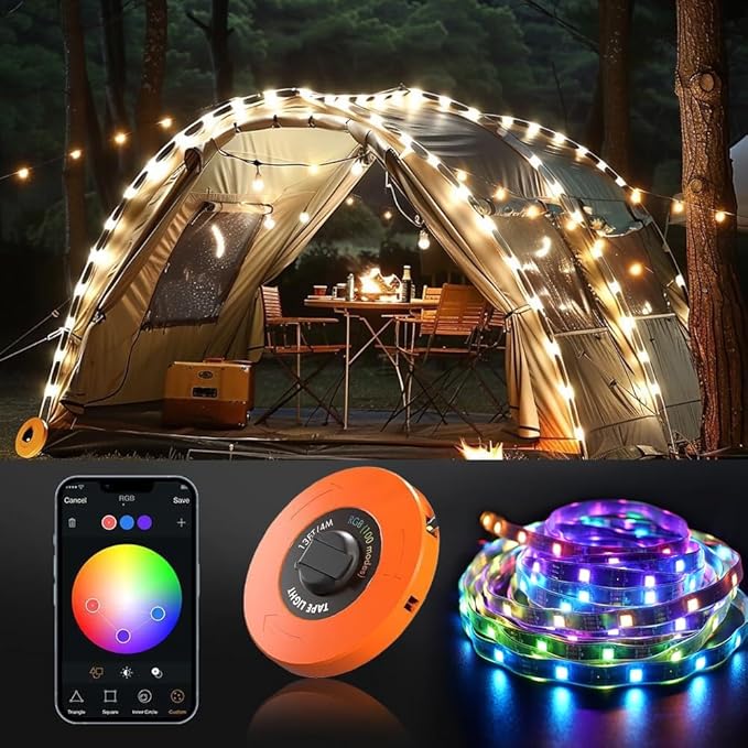 Camping Lights String,Tape Tent Lights RGB with 100 Modes Music Sync Color Changing APP Control Waterproof 13/26 FT ,Led Camping Lantern Retractable for Emergency Yard Camping Decoration (26 Ft)