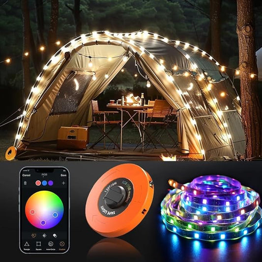Camping Lights String,Tape Tent Lights RGB with 100 Modes Music Sync Color Changing APP Control Waterproof 13/26 FT ,Led Camping Lantern Retractable for Emergency Yard Camping Decoration (26 Ft)