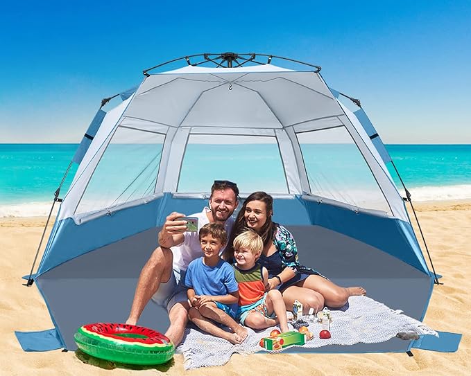 Beach Tent Instant Pop up Sun Shade Shelter for 4-6 Person with UV Protection，Extended Floor，3 Mesh Roll Up Windows with Carry Bag, Sandbags, Stakes(Turquoise)