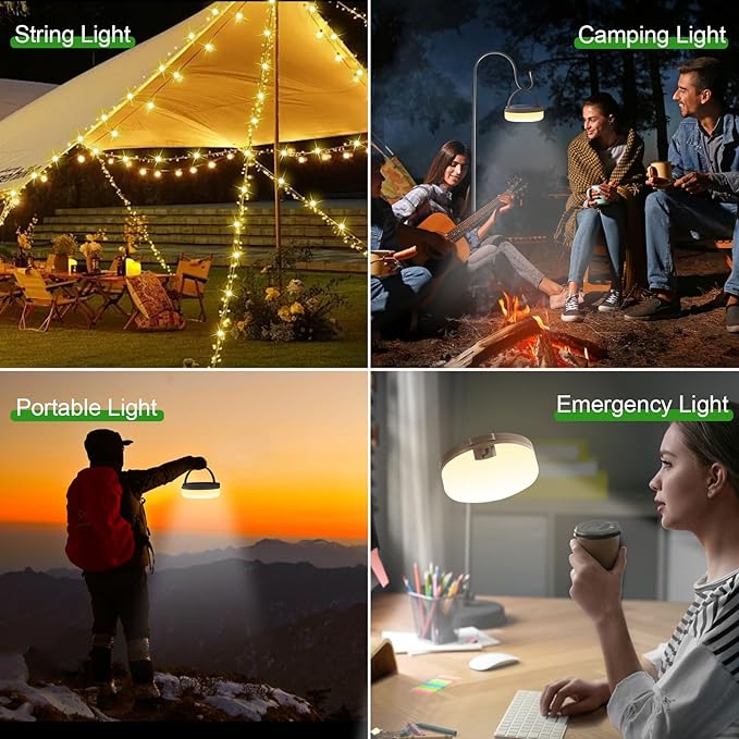 Camping String Light 4 in 1 Quick Storage 42ft Solar /USB Rechargeable 3600mAh Waterproof Hanging Outdoor Camping Lantern with 8 Lighting Modes, Portable Tent Lights for Hiking, Yard, RV (Warm Light)