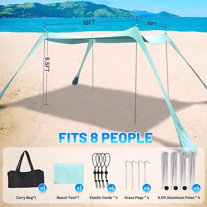 BOTINDO Family Beach Tent Canopy Sun Shade, Pop Up Grande Beach Tent Sun Shelter Stability 4 Poles with Portable Carry Bag Outdoor Shade for Fishing Backyard Camping (Mint Green, 10x10FT 4Pole)