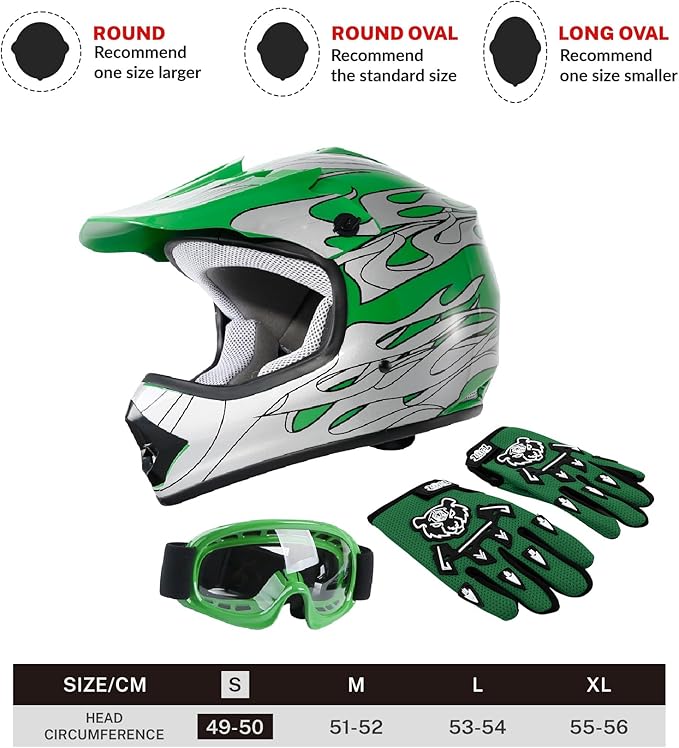 TCT-MOTORPARTS DOT Youth Helmet Kids Motocross ATV Motorcycle Four Wheeler Riding Racing Helmets Offroad Street Dirt Bike Go-Kart BMX MX Full Face Helmet Green Flame Samll Size