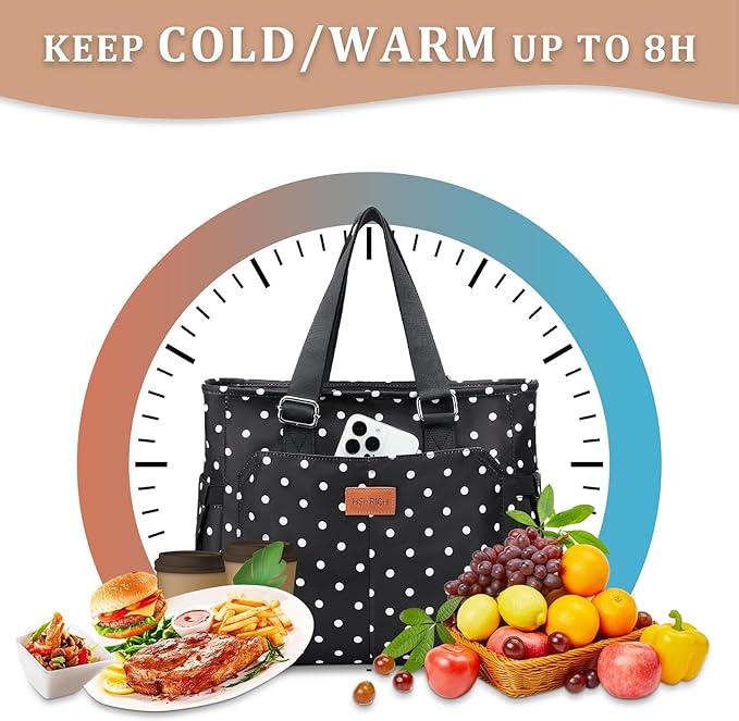 Lunch Bag Lunch Box Women - Large Tote Lunch Bags Men Women: Leakproof Insulated Lunch Cooler Bag for Adults 14L, White Dots