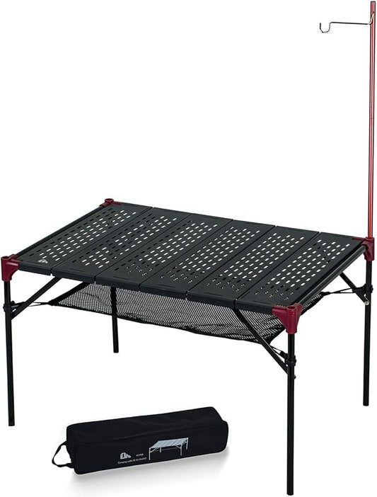 iClimb Extendable Folding Table Large Tabletop Area Ultralight Compact with Hollow Out Tabletop for Camping Backpacking Beach Concert BBQ Party, Three Size (Black - XL + Hanger)