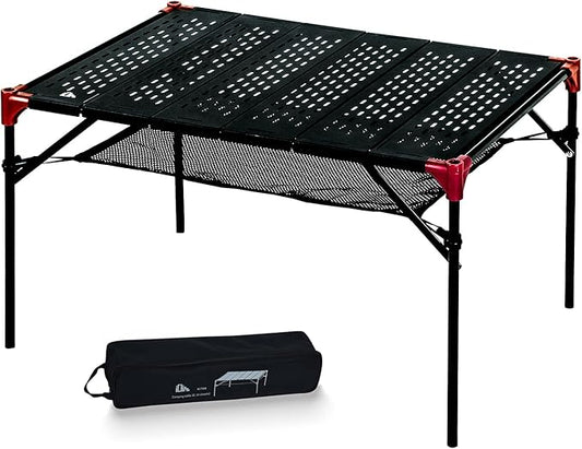 iClimb Extendable Folding Table Large Tabletop Area Ultralight Compact with Hollow Out Tabletop and Carry Bag for Camping Backpacking Beach Concert BBQ Party, Three Size (Black - XL)