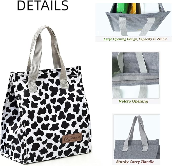Lunch bag, Insulated Lunch Bag for Women Men, Lunch Containers Reusable Lunch Tote Bags for Work, Travel, Outdoor (Cow Print)