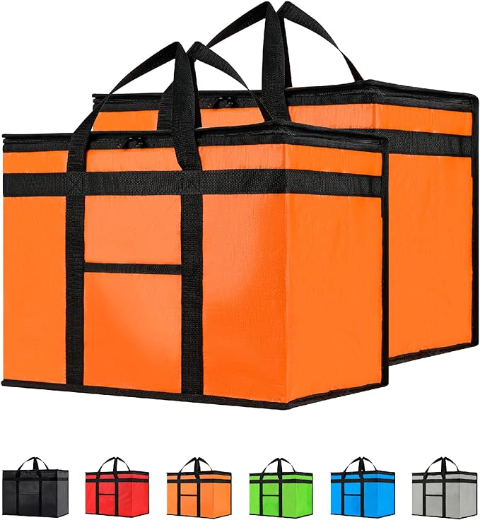 NZ home Insulated Cooler Bag and Food Warmer (XL Plus, 2 Pack) for Delivery & Grocery Shopping with Zippered Top, Orange