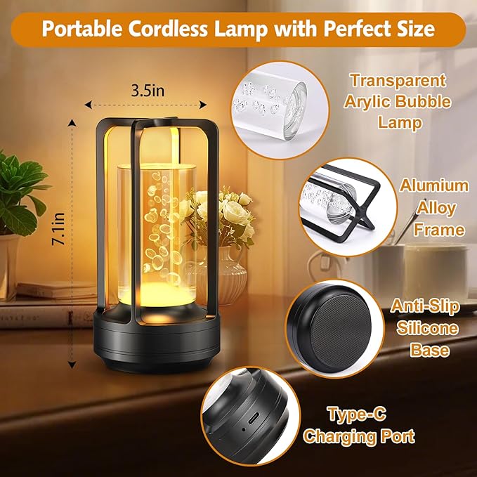 Portable Table Lamp for Outdoor Indoor: Cordless Rechargeable Desk Lamp with 3 Color Stepless Dimmable - Metal Battery Operated Small Lantern Light for Restaurant/Bedroom/Bar/Coffee Shop/Camping