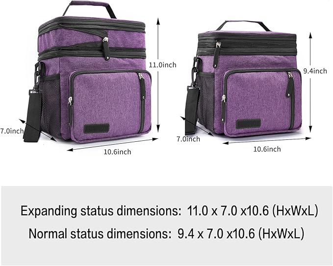 Men's and Women Double Compartment Lunch Bag, Insulated Lunch Cooler Tote 2 Roomy Large Reusable Water-resistant Lunch Box (Purple, 15L)''
