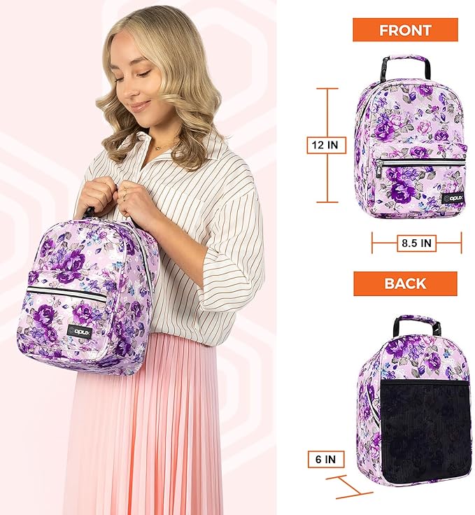 opux Lunch Box for Girls Boys Kids, Insulated Leakproof Lunch Bag, Reusable Teen Lunch Boxes for School, Medium Large lunchbox for Women Men Adult for Work with Front Back Pocket (Floral Purple)