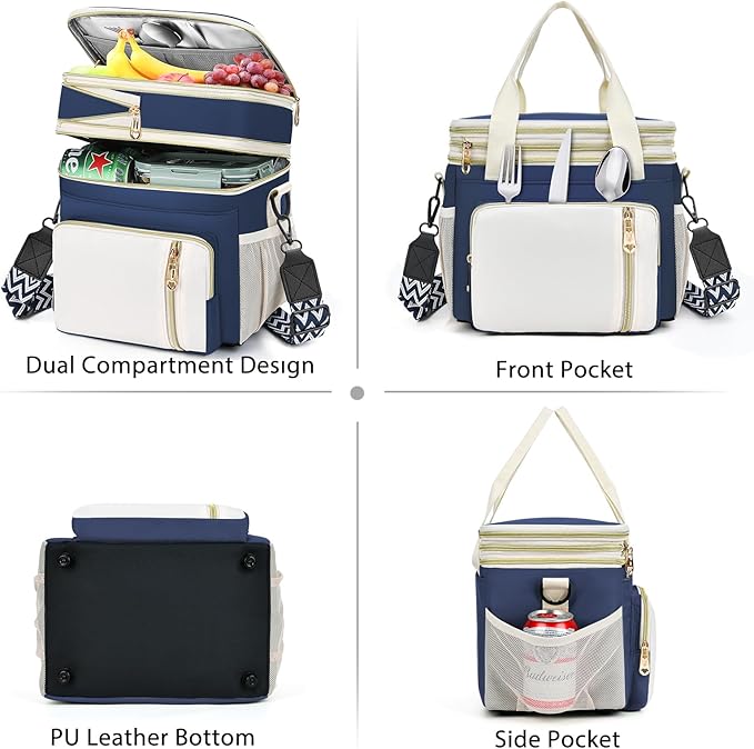 LOKASS Lunch Box for Women/Men-16L-Insulated Lunch Bag, Expandable Double-layer Leakproof Cooler Bag with Upgrade Adjustable Shoulder Strap Ideal for Work/Travel/Picnics（Dark Blue）