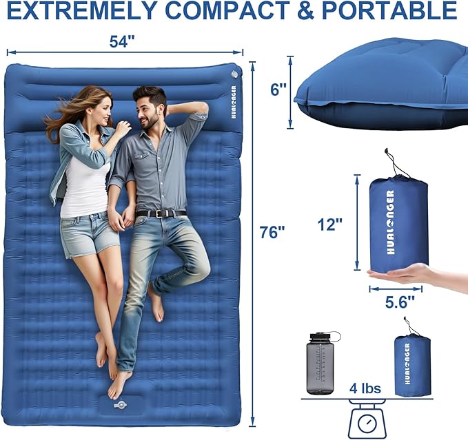 Double Sleeping Pad Camping, 6" Extra Thick Camping Pad with Pillow Built-in Foot Pump Waterproof Inflatable Sleeping Mats for Camping, Backpacking, Hiking,Traveling Tent