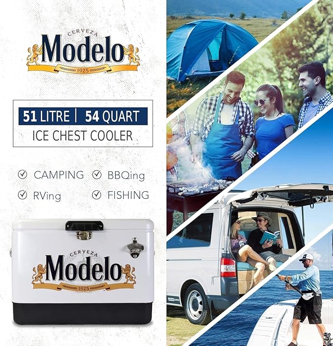 Modelo Ice Chest Cooler - Portable Ice Bucket with Bottle Opener, Vintage Style, Insulated for Camping, Beach, Picnic, RV, BBQs, Tailgating, Fishing, Stainless Steel 85 Can Ice Box, 51L (54 qt)