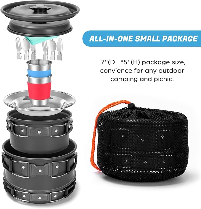 Odoland 15pcs Camping Cookware Mess Kit, Non-Stick Lightweight Pots Pan Set with Stainless Steel Cups Plates Forks Knives Spoons for Camping, Backpacking, Outdoor Cooking and Picnic