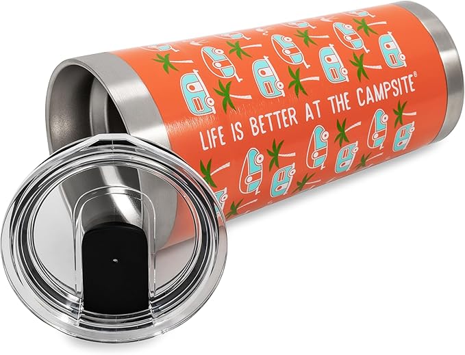 Camco Life is Better at The Campsite Tumbler | Heavy Duty Double Wall Vacuum Insulation | Crafted of 18/8 Stainless Steel | Unique Palm Tree & RV Design on Pink Background | 20-oz (53322)