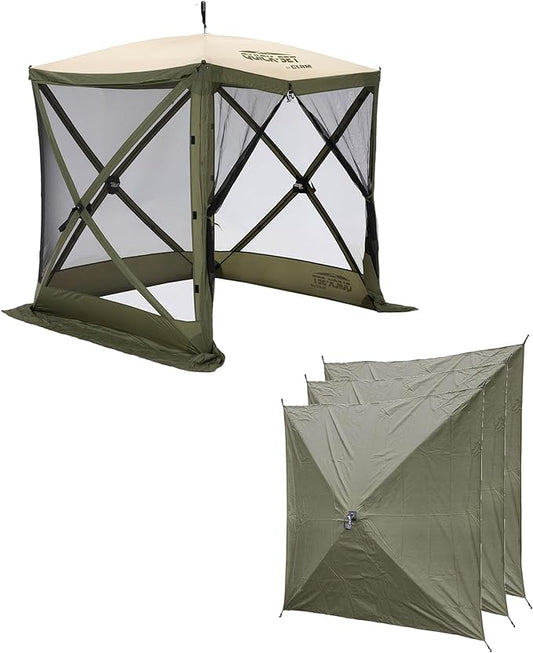 CLAM Quick Set Traveler 6x6Ft Portable Outdoor 4 Sided Canopy Shelter, Green/Tan + Clam Quick Set Screen Hub Tent, Accessory Only, Green (3 Pack)