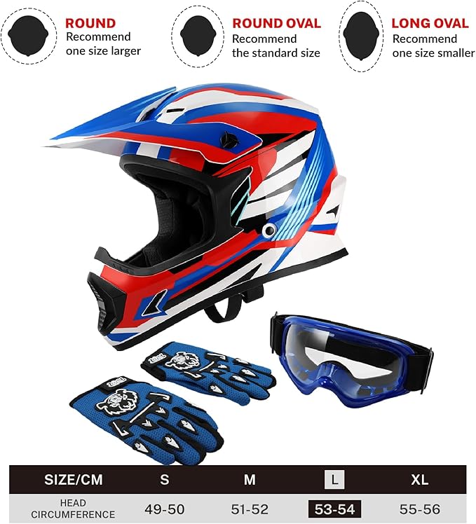 TCT-MOTORPARTS DOT Youth Kids Motocross ATV Full Face Helmets for Offroad Street Dirt Bike Go-Kart BMX MX Blue Large