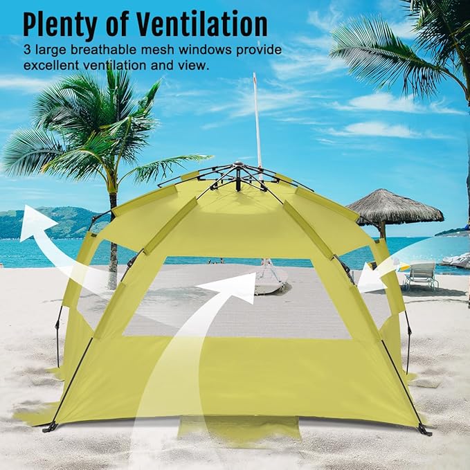 WhiteFang Deluxe Pop Up Beach Tent Sun Shade Shelter for 3-4/5-6 Person, UV Protection, Extendable Floor with 3 Ventilating Windows Plus Carrying Bag, Stakes, and Guy Lines