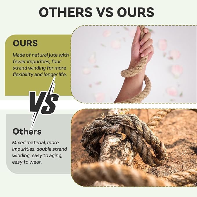 Jute Rope 1-1/2 Inch 50 Feet, Heavy Duty Rope Thick Twisted, Natural Hemp Rope for Crafts, Gardening, Bundling, Climbing, Hammock, Nautical, Tug of War, Railings, Home Decorating