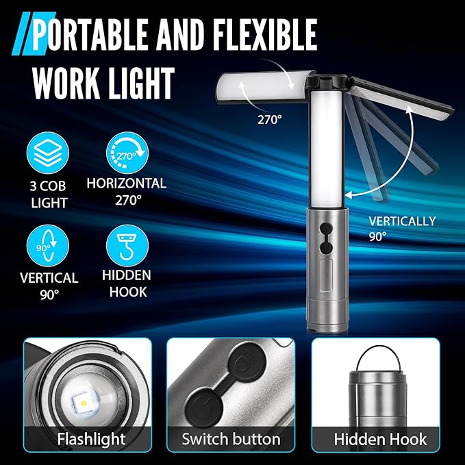 Rechargeable LED Camping Light, 3000mAh Telescopic Camping Light 3 Page Head 5 Lighting Modes Cordless Waterproof Camping Flashlight Lantern for Power Outages Indoor, Hiking Outdoor