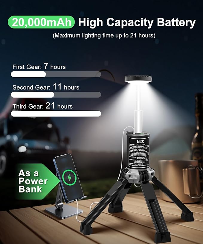 Camping Light, 20000mAh & 21H Runtime Rechargeable Light Tower. 6500K 3 Modes Telescopic Camping Light with Stand, Perfect for Outdoor, Emergency, Sports and Indoor Use(Carry Bag Included)