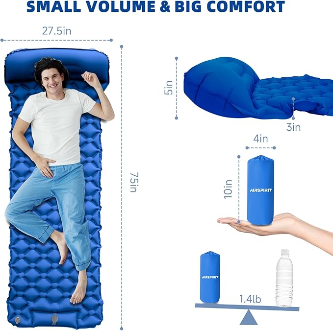 Inflatable Sleeping Pad with Pillow for Camping-Built in Foot Pump Fast Inflation-Ultralight Upgraded Durable Compact Sleeping Mat Moisture Proof Air Mattress for Backpacking,Hiking,Travel,Tent