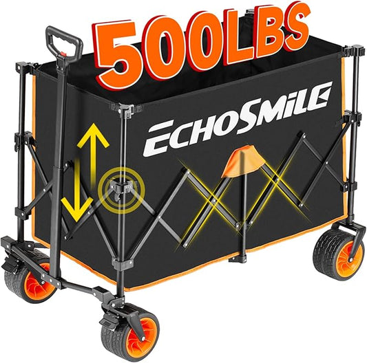 EchoSmile Collapsible Foldable Extended Height Wagon with 500lbs Weight Capacity,Folding Utility Garden Cart with Big All-Terrain Beach Wheels,for Camping, Garden,Sports,Beach,Shopping,Black & Orange
