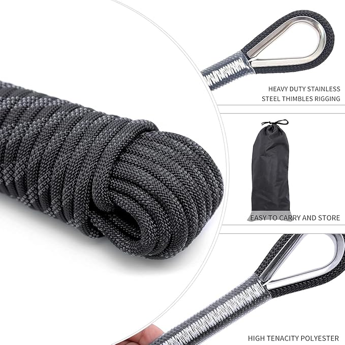 10mm/12mm Climbing Rope, Outdoor Static Rock Climbing Rope, Tree Climbing Rappelling Rope, Escape Nylon Rope, Ice Climbing Equipment Fire Rescue Parachute Rope with 2 Steel Hooks