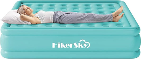 Queen Air Mattress with Built-in Pump, Air Bed with Portable Storage Bag, 18'' Blow up Mattress Suitable for Home and Guests, Top Flocking, 18" Queen Turquoise