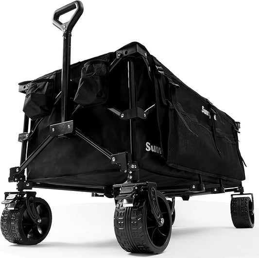 SunnyFeel 49''L 550lbs Heavy Duty Wagon Cart Foldable with Wheels,Extra Long Fold Up Wagons Carts with Side Pocket and Brakes for Camping Sports Garden Shopping (Black)