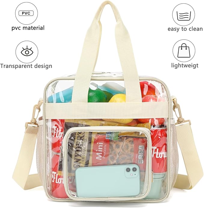 FlowFly Clear Bag for Stadium Events With Shoulder Strap for Women, Men, Large and Reusable Lunch Container, Work and Sporting Events, Travel 12x6x12 Clear Tote Bag, Clear#Biege