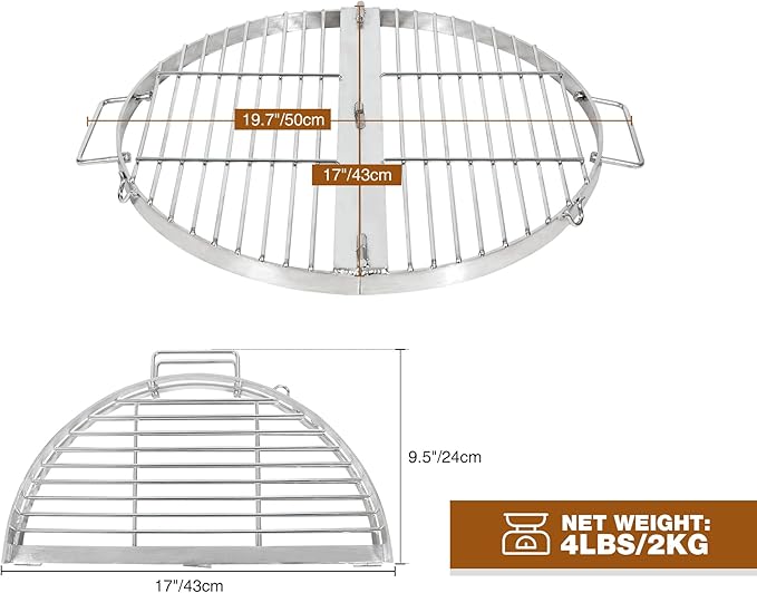 REDCAMP Foldable Fire Pit Cooking Grill Grate 17 Inch, Campfire BBQ Grill with Portable Handle & Support Wire, Heavy Duty Stainless Steel Round Campfire BBQ Grill for Outdoor Picnic Party & Gathering