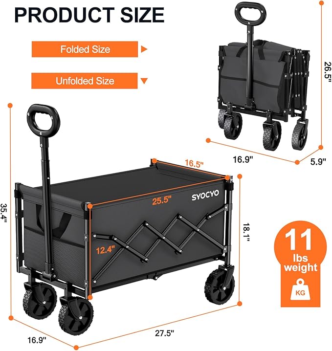 Collapsible Wagon Cart 360lbs Beach Foldable Wagon Lightweight & Portable Folding Utility Grocery Shopping Carts with Wheels for Shopping Sports Garden Camping Grey