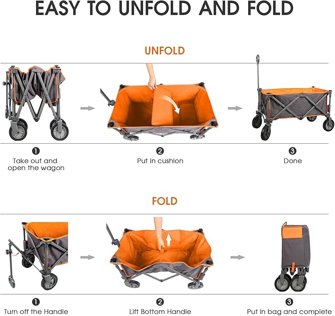 PORTAL Collapsible Wagon Cart, Heavy Duty Foldable Wagon Carts with Wheels, Folding Utility Wagon for Camping, Shopping, Garden, Sports, Beach