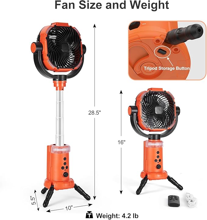 Odoland 20000mAh Camping Fan with Lantern, 360° Oscillation Table Fan with Remote & Hook, Rechargeable Battery Operated Outdoor Power Fan with Light for Camp, Family Travel and Jobsite, Orange